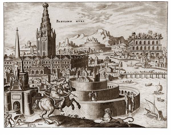 Undated sepia-toned illustration of the mythical Hanging Gardens of Babylon by Maerten van Heemskerck (1498-1574), one of the seven wonders of the ancient world. Babylon, Iraq by Maerten van Heemskerck (1498-1574)