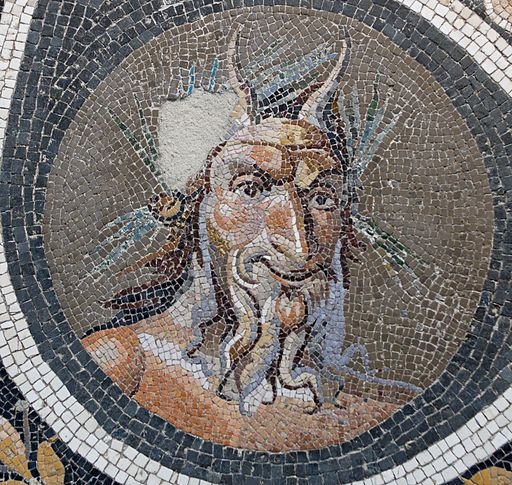 Pavement mosaic with the head of Pan. Roman artwork, Antonine period, 138–192 CE. From a villa in Genazzano wich may have belonged to Marcus Aurelius and Lucius Verus. Photo Credit: Marie-Lan Nguyen (2006)