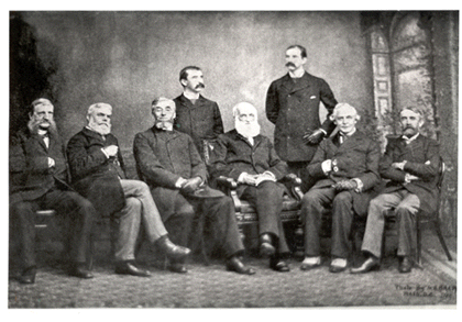 Executive officers of the American Historical Association at the time of the Association's incorporation by Congress, photographed during their annual meeting on December 30, 1889 in Washington Seated (L to R) are William Poole, Justin Winsor, Charles Kendall Adams (President), George Bancroft, John Jay (Died 1829?), and Andrew Dickson White, Standing (L to R) are Herbert B. Adams and C. W. Bowen. This photo appeared in the February 1890 issue of the Magazine of American History. The Photographer was from M.B. Brady Studio. 