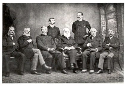 Executive officers of the American Historical Association at the time of the Association's incorporation by Congress, photographed during their annual meeting on December 30, 1889 in Washington Seated (L to R) are William Poole, Justin Winsor, Charles Kendall Adams (President), George Bancroft, John Jay (Died 1829?), and Andrew Dickson White, Standing (L to R) are Herbert B. Adams and C. W. Bowen. This photo appeared in the February 1890 issue of the Magazine of American History. The Photographer was from M.B. Brady Studio.