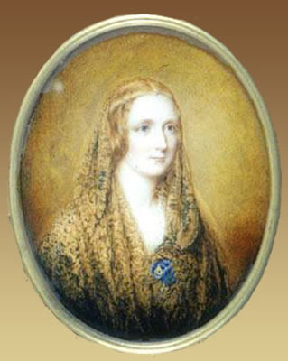 Reginald Easton painted this miniature portrait of Mary Shelley, on a flax coloured background. It incorporates a circlet backed by blue, the same seen in the Rothwell painting and a shawl. Attribution: Reginald Easton (1807-1893)