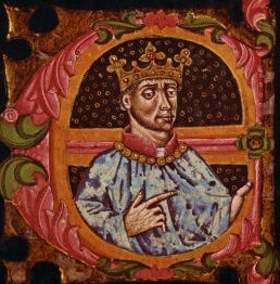 A contemporary Medieval manuscript depiction of Henry IV "The Impotent" of Castile. Image decorating a parchment Royal Privilege confirming the estate of Juan Pacheco (Marquis of Villena) and his wife Juana Portocarrero. Signed at Almazán on Jan. 29th, 1463