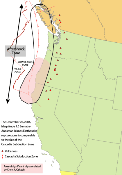 Cascadia subduction zone. This is the site of recurring en:megathrust earthquakes at average intervals of about 500 years, including the Cascadia Earthquake of 1700. Photo: Wikimedia Commons