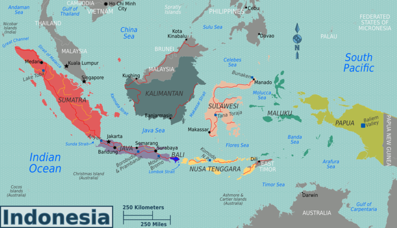 Indonesia regions map. Note the alternate spelling, Maluku instead of Molucca. Photo: Peter Fitzgerald, minor amendments by Joelf