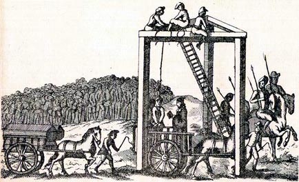 WORK 16/376; is an illustration, said to be from about 1680, of the permanent gallows at Tyburn, which stood where Marble Arch now stands. This necessitated a three-mile cart ride in public from Newgate prison to the gallows. Huge crowds collected on the way and followed the accused to Tyburn. They were used as the gallows for London offenders from the 16th century until 1759." Photo: The National Archives (United Kingdom) via Wikimedia Commons