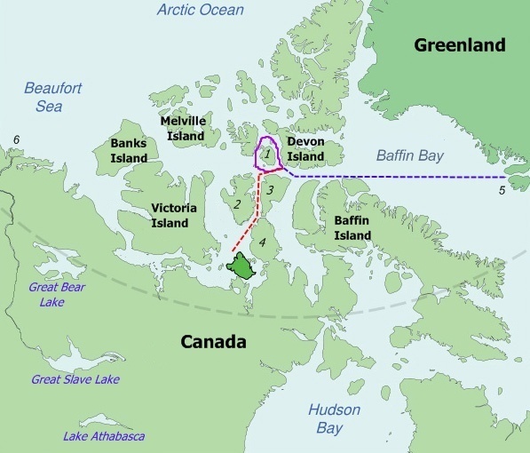 Map of the probable routes taken by Erebus and Terror during Franklin's lost expedition. Photo: via Wikimedia Commons