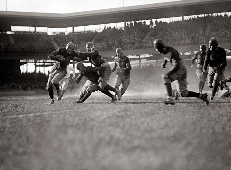 Georgetown University playing American football against the Quantico Marines at Griffith Stadium (now demolished) in Washington, D.C. The Quantico Marines football program began in 1919 and lasted until 1973. Photo: National Photo Company via Wikimedia Commons