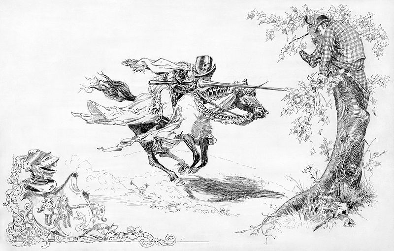 "Knight in armor tilting at man in modern dress in tree onto which a man in modern dress has climbed for refuge", "Published as frontispiece in: A Connecticut Yankee in King Arthur's Court / Samuel Clemens. New York : Charles L. Webster & Co., 1889. ", "1 drawing : pen and ink over graphite underdrawing ; sheet 36 x 57.1 cm."  by Daniel Carter Beard (1859-1941) Photo via Wikimedia Commons