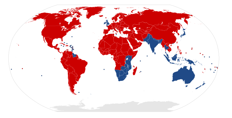 A map indicating which countries drive on the right side of the road, and which drive on the left side. Author Benjamin D. Esham (bdesham) via Wikimedia Commons
