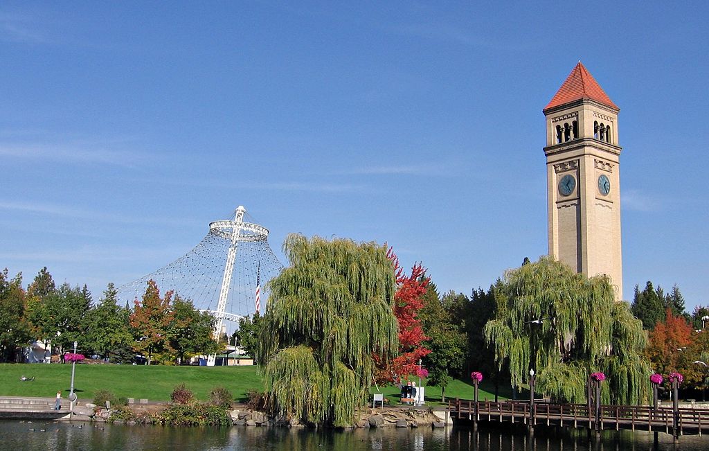 The Great Northern Railway Depot clock tower and United States Pavillion in Spokane's Riverfront Park. Photo: Mark Wagner (User:Carnildo) via Wikimedia Commons