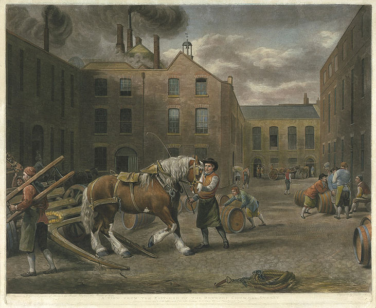 A View from the East-End of the Brewery Chiswell Street; Schabkunstblatt about 1792. Painted by G(eorge) Garrard. Engrav'd by W. Ward bzw. by R(ichar)d Earlom. Published ... 1792 by G. Garrard & W. Ward bzw. London, ... 1791 by John & Josiah Boydell. Via Wikimedia Commons