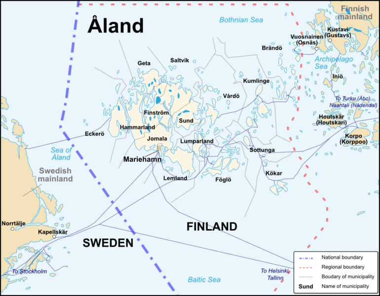 The Aland Islands in the Baltic Sea between Sweden and Finland. Source: https://en.wikivoyage.org/wiki/File:Åland_Political_Map-en.svg via Wikimedia Commons