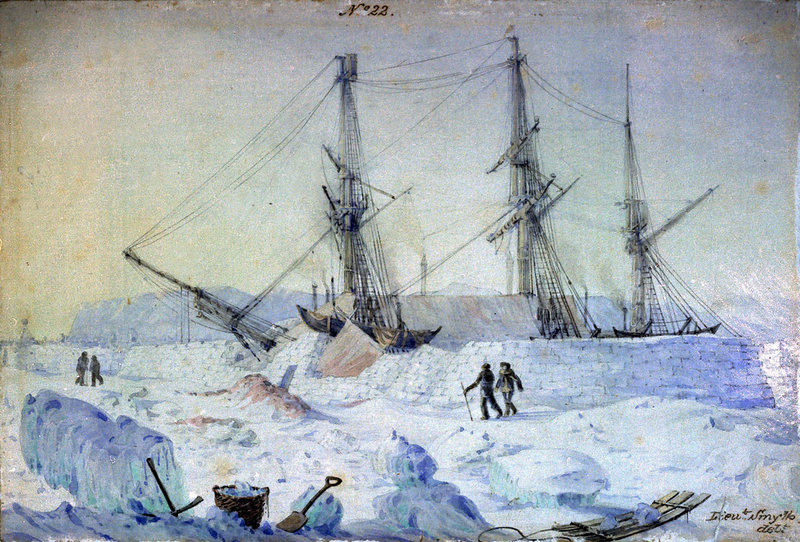 HMS Terror : view of the Port side of the ship with an effect of sunrise in February 1837 and shewing the state of the snow walls at that time. Artist William Smyth (1800-1877). Photo via Wikimedia Commons
