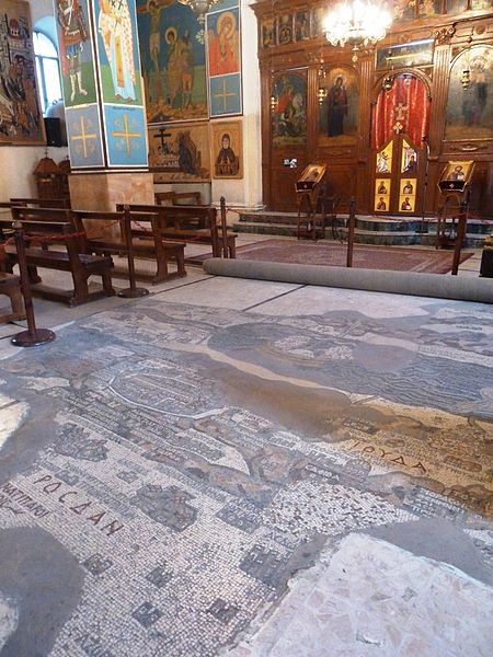 Byzantine floor mosaic map at St. George Church, Madaba, Jordan. Photo by Deror AVi via Wikimedia Commons